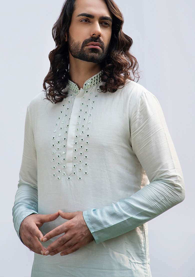 Ice Blue Ombre Kurta Set For Men - Indya