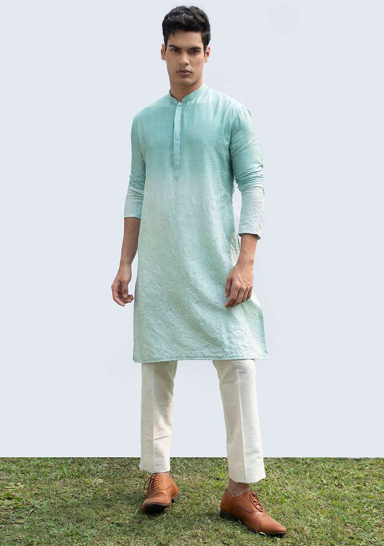 Aqua Blue Abstract Kurta Set For Men - Indya