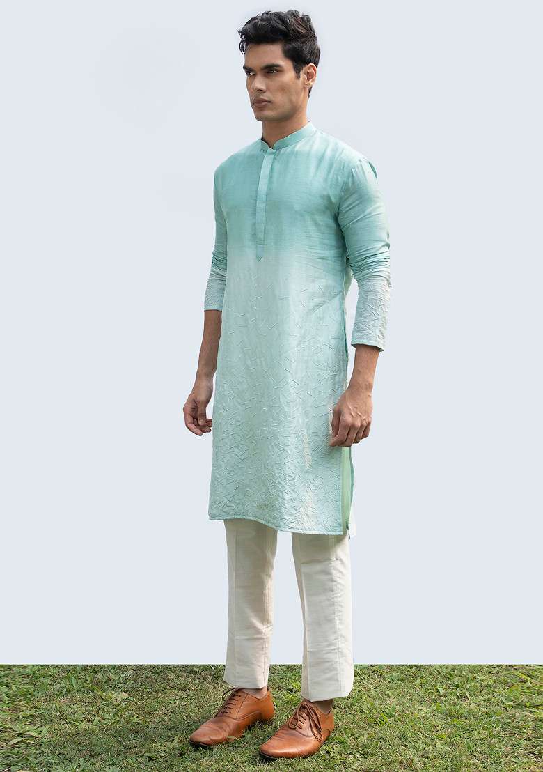 Aqua Blue Abstract Kurta Set For Men - Indya