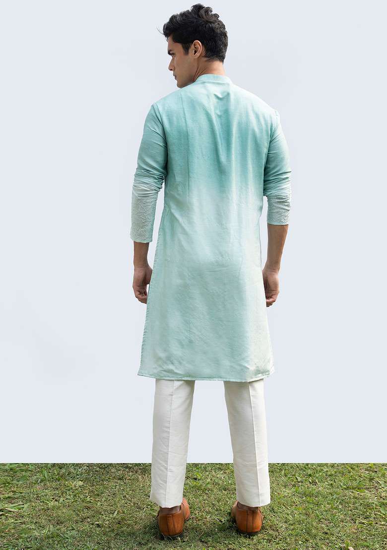 Aqua Blue Abstract Kurta Set For Men - Indya