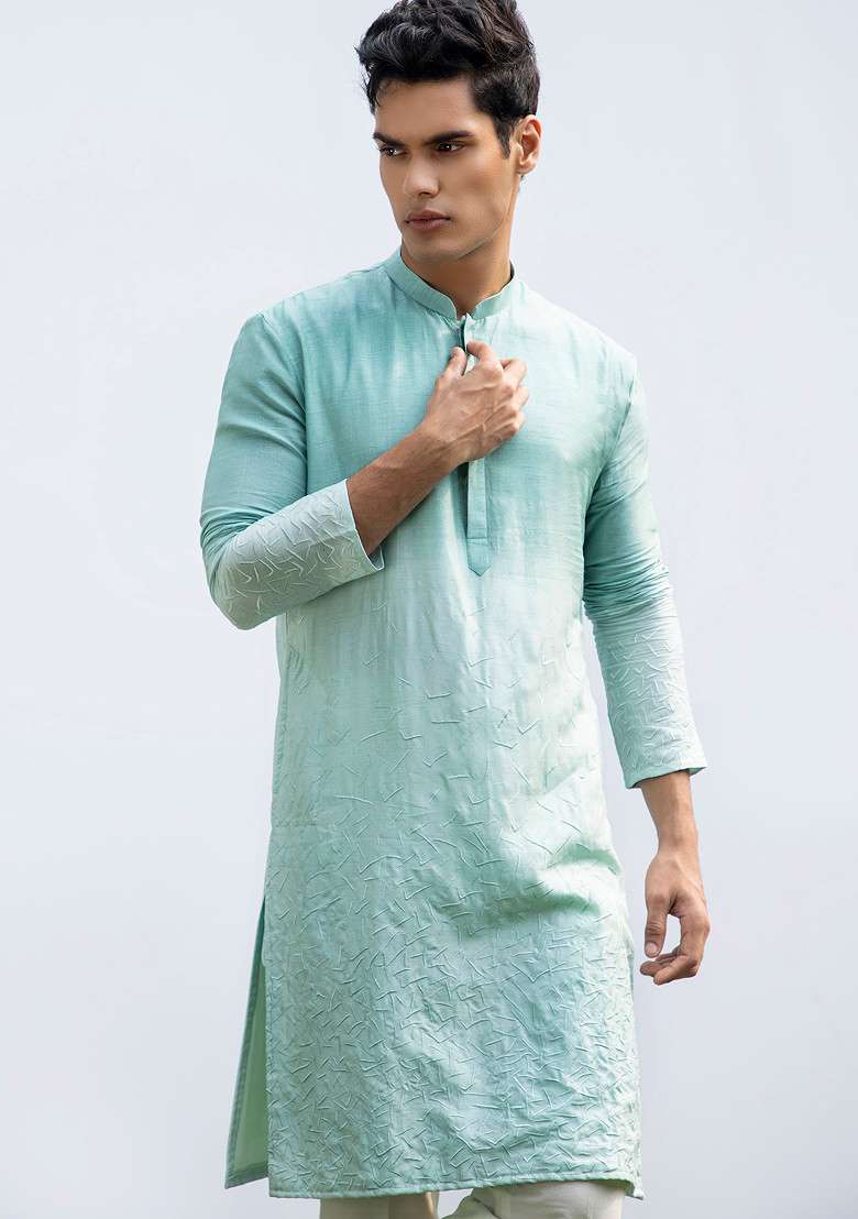 Aqua Blue Abstract Kurta Set For Men - Indya