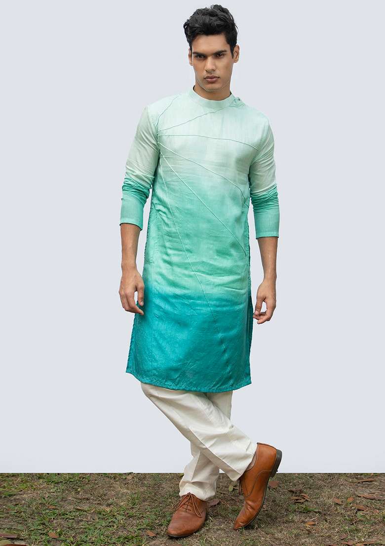 Aqua Blue Ombre Pintuck Kurta Set For Men - Indya