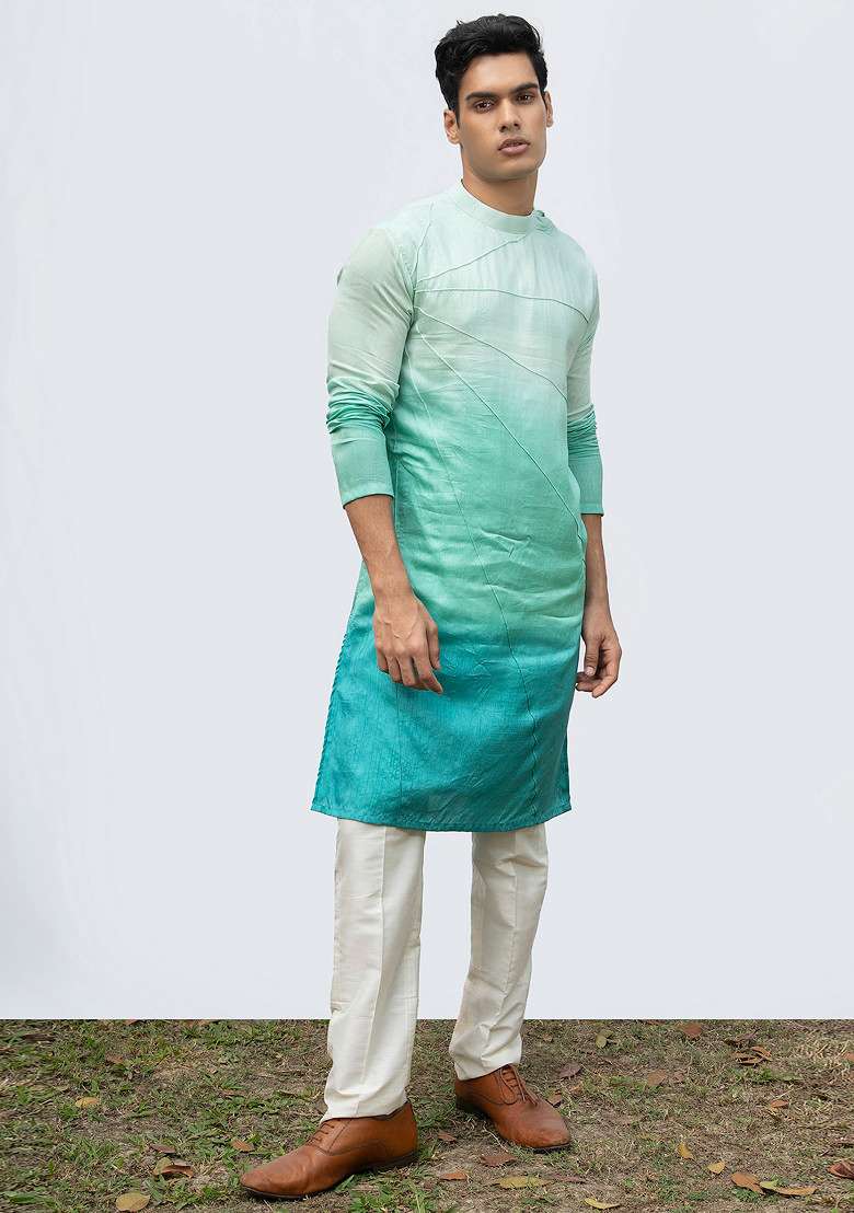 Aqua Blue Ombre Pintuck Kurta Set For Men - Indya