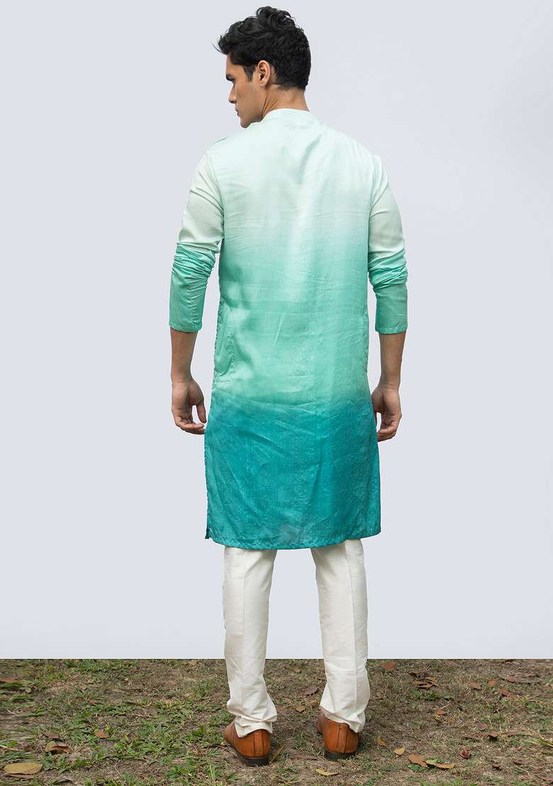 Aqua Blue Ombre Pintuck Kurta Set For Men - Indya