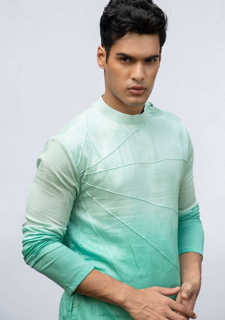 Aqua Blue Ombre Pintuck Kurta Set For Men - Indya