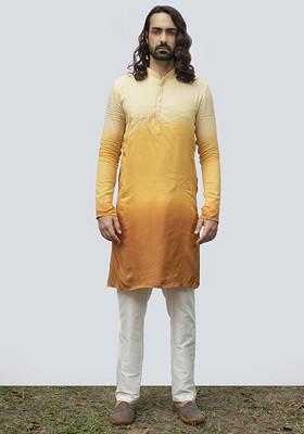 Yellow Ombre Pintuck Kurta Set For Men