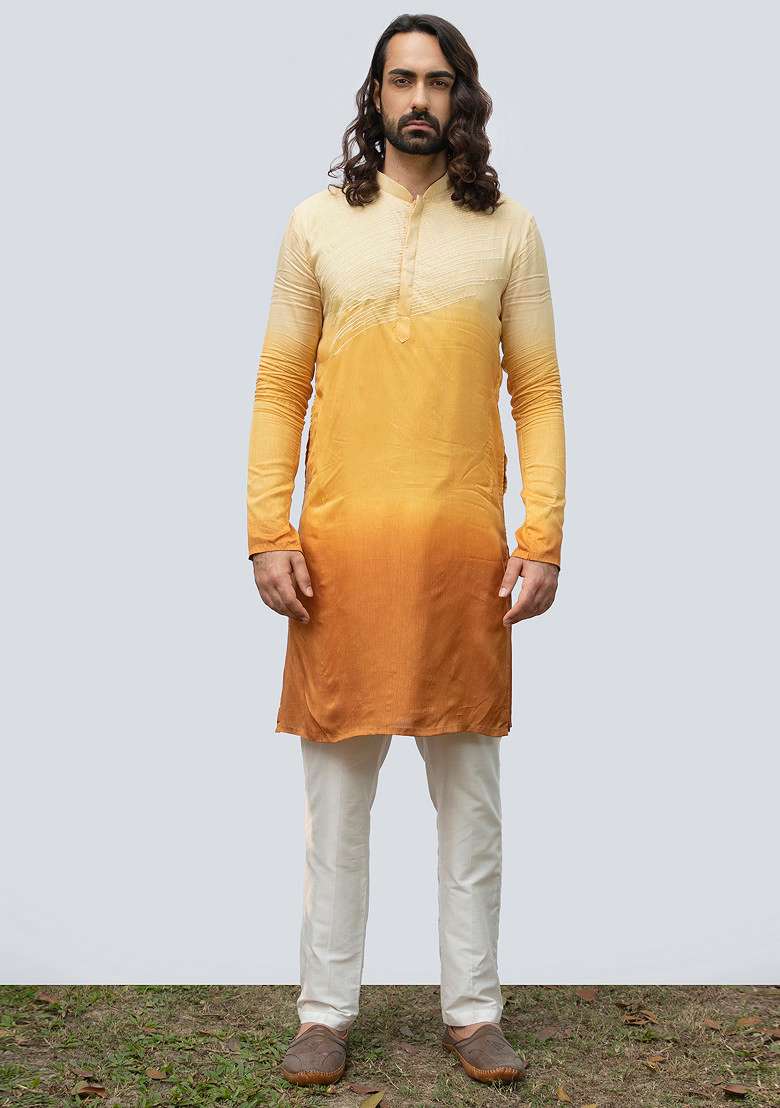 Yellow Ombre Pintuck Kurta Set For Men - Indya