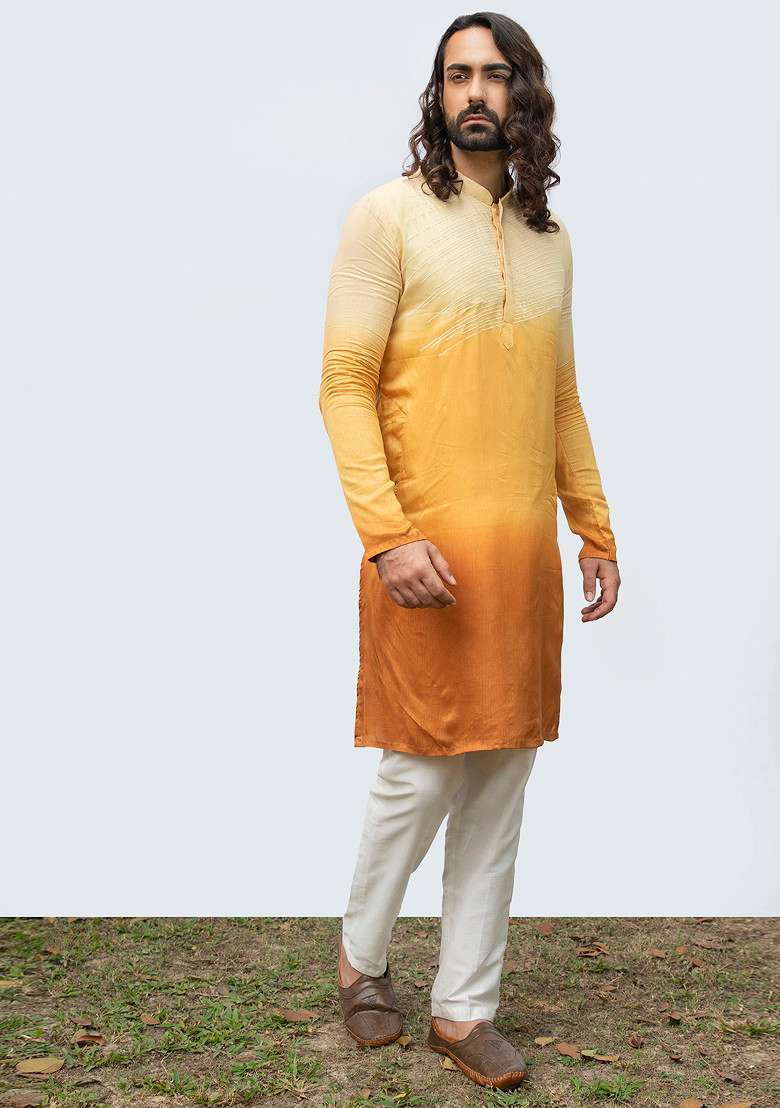 Yellow Ombre Pintuck Kurta Set For Men - Indya