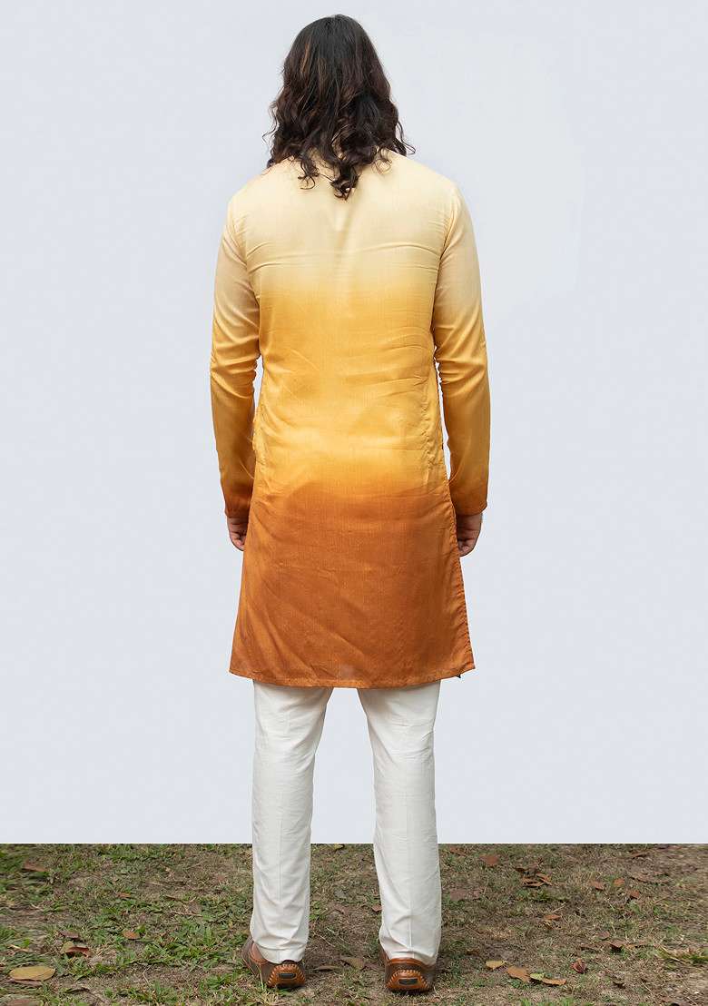 Yellow Ombre Pintuck Kurta Set For Men - Indya