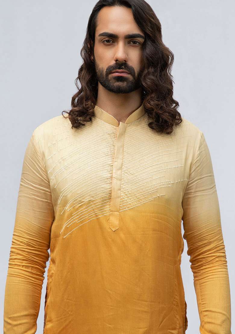 Yellow Ombre Pintuck Kurta Set For Men - Indya