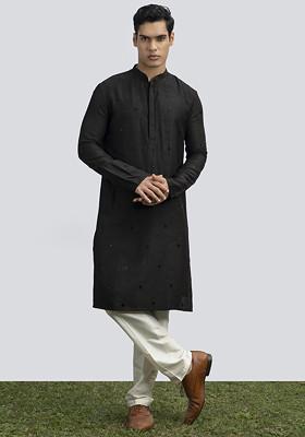 Black Embellished Kurta Set For Men