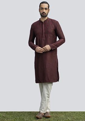 Wine Embellished Kurta Set For Men