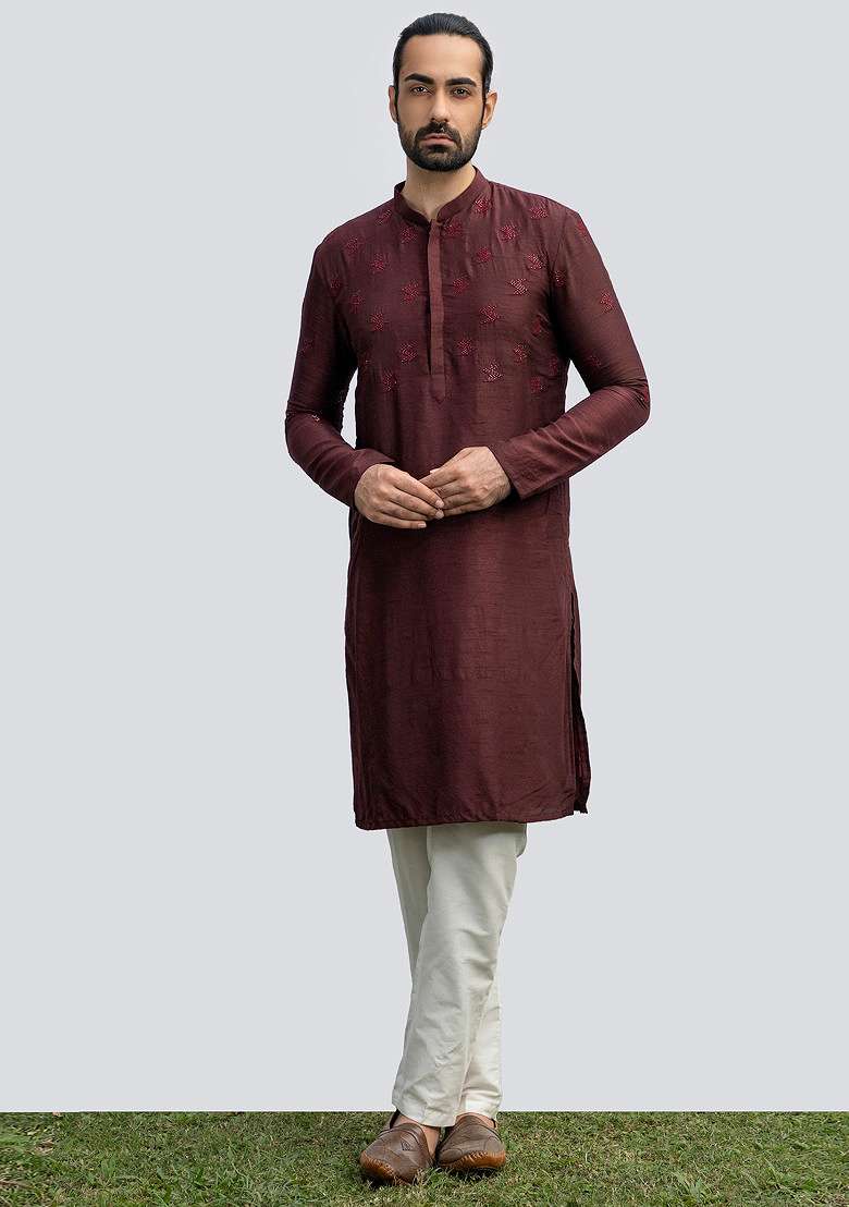 Wine Embellished Kurta Set For Men - Indya