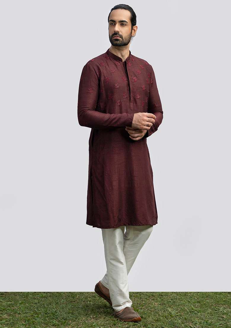 Wine Embellished Kurta Set For Men - Indya