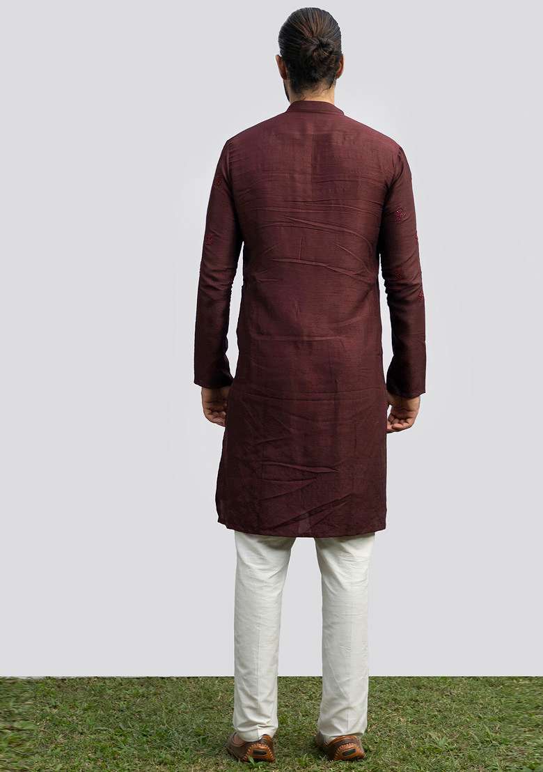 Wine Embellished Kurta Set For Men - Indya