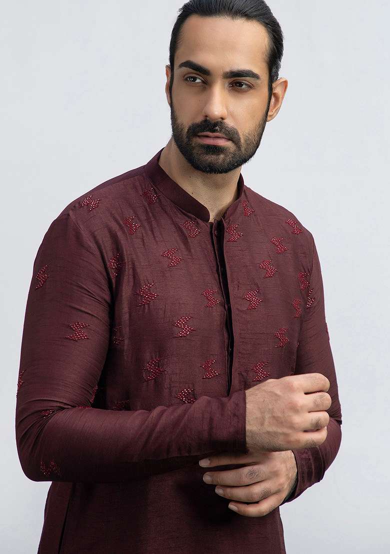 Wine Embellished Kurta Set For Men - Indya