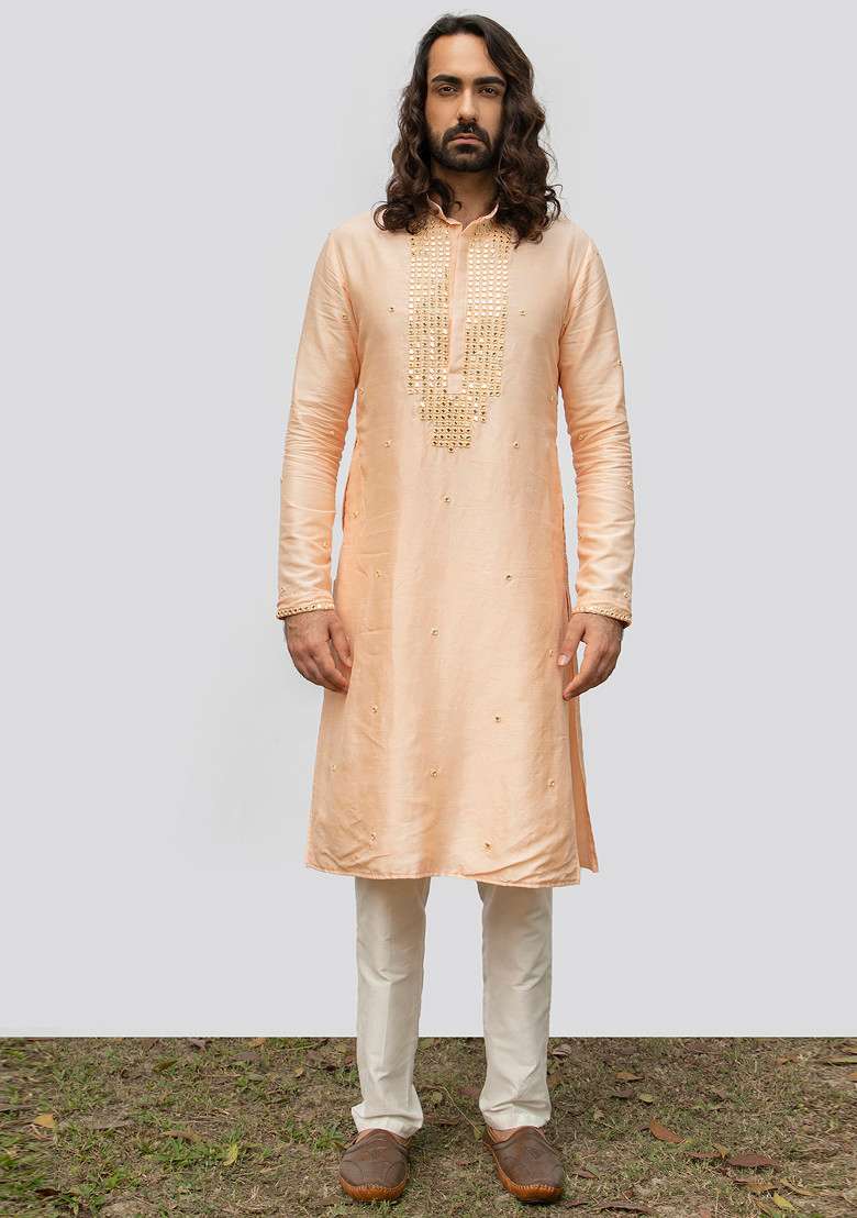 Peach Vintage Mirror Work Kurta Set For Men - Indya