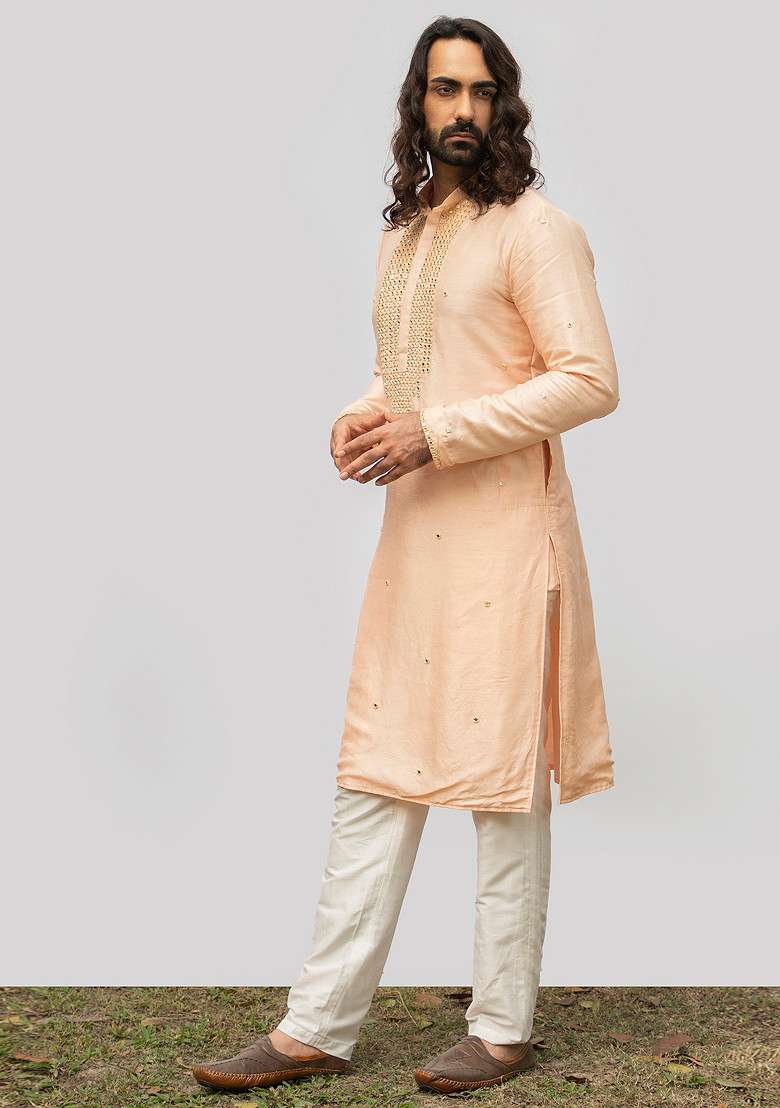 Peach Vintage Mirror Work Kurta Set For Men - Indya