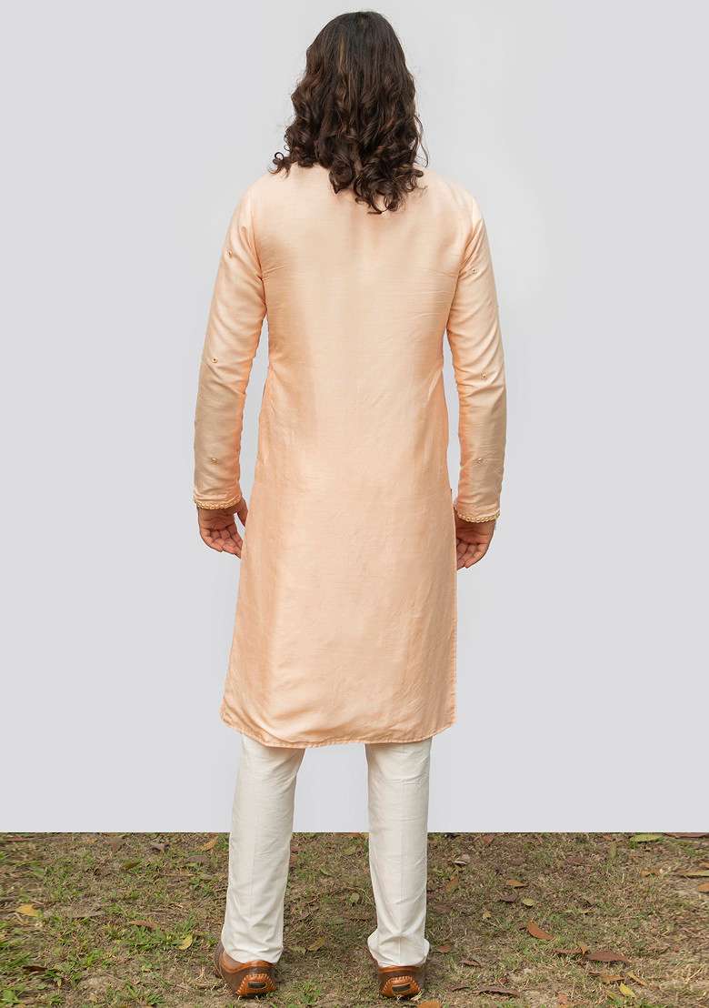 Peach Vintage Mirror Work Kurta Set For Men - Indya