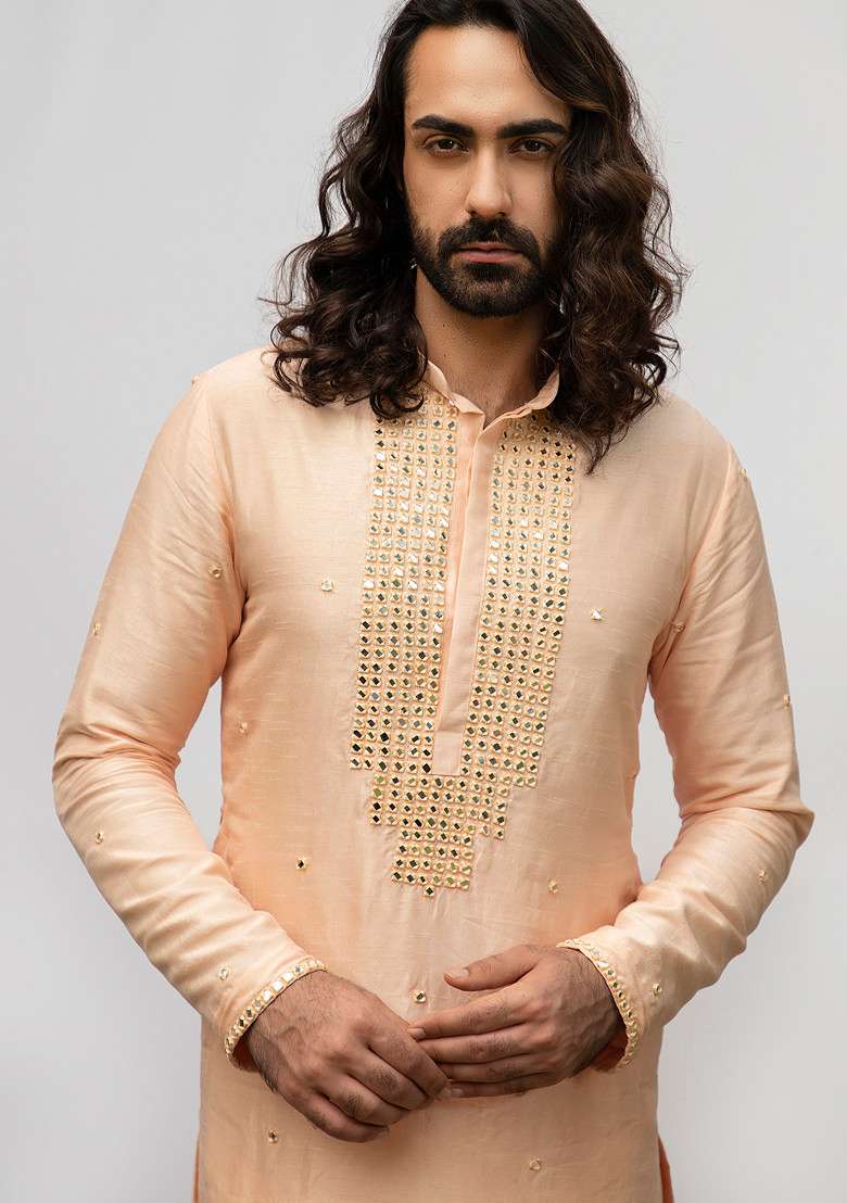 Peach Vintage Mirror Work Kurta Set For Men - Indya