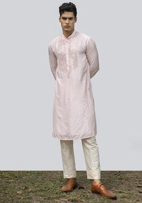 Pink Vintage Mirror Work Kurta Set For Men