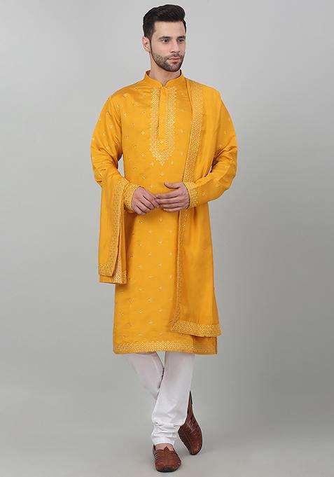 Yellow Sequin Embroidered Riwayat Kurta Set For Men
