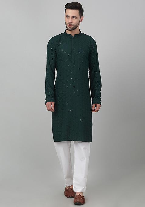 Dark Green Sequin Embroidered Himgir Checkered Kurta Set For Men