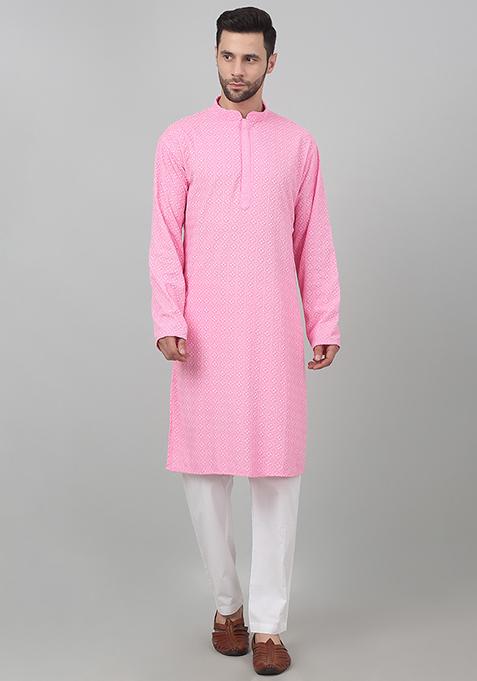 Pink Sequin Embroidered Checkered Kurta Set For Men