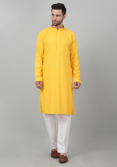 Yellow Sequin Embroidered Checkered Kurta Set For Men