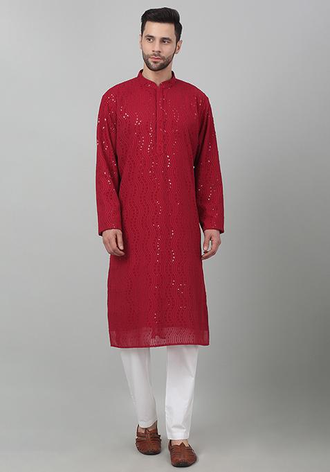 Red Sequin Embroidered Lehar Jashn Kurta Set For Men