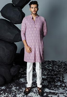 Lavender Embroidered Kurta Set For Men