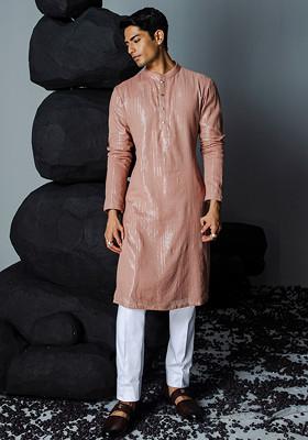 Rose Brown Textured Kurta Set For Men