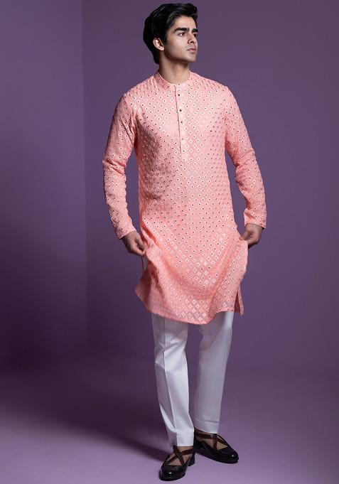 Coral Embroidered Kurta Set For Men