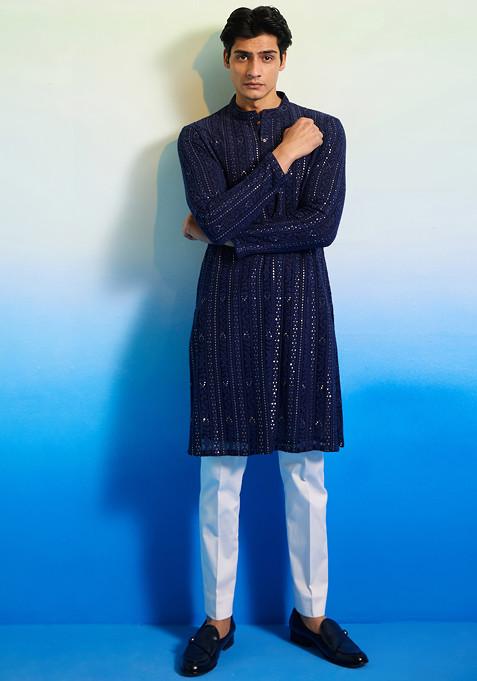 Regal Blue Embellished Kurta Set For Men