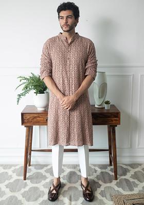 Rose Brown Embroidered Taupe Kurta Set For Men