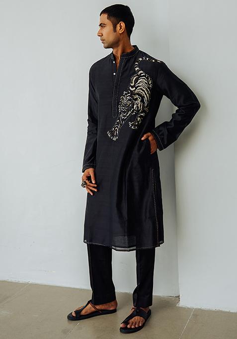 Charcoal Black Resham Embroidered Chanderi Kurta Set For Men