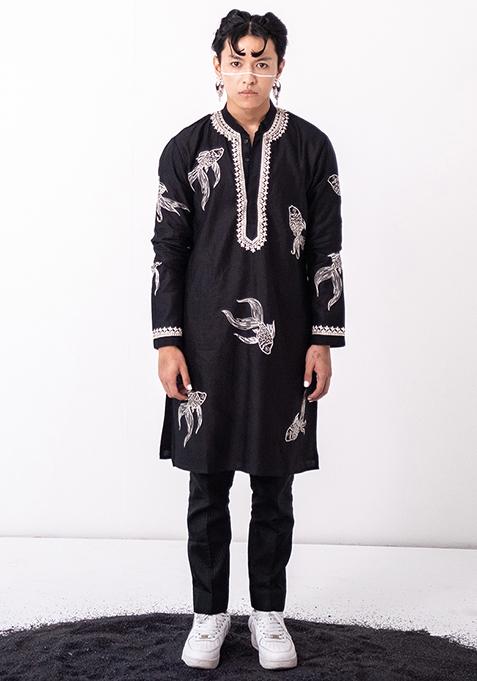 Black Fin Embroidered Chanderi Kurta Set For Men