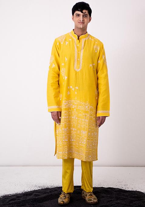Yellow Hand Embroidered Chanderi Kurta Set For Men