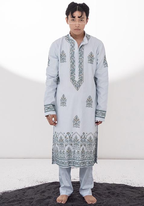 Pale Blue Aari Embroidered Chanderi Kurta Set For Men