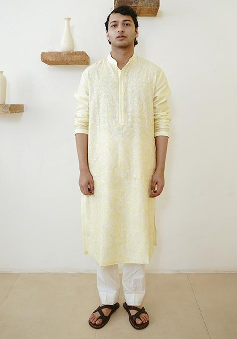 Pale Yellow Aari Embroidered Chanderi Kurta Set For Men