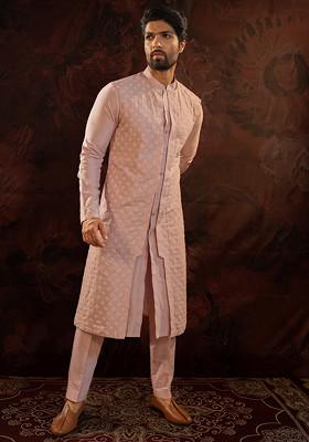 Lavender Floral Embroidered Kurta Set For Men