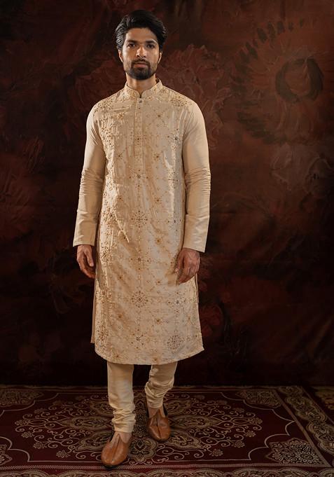 Beige French Knot Embroidered Silk Kurta Set For Men