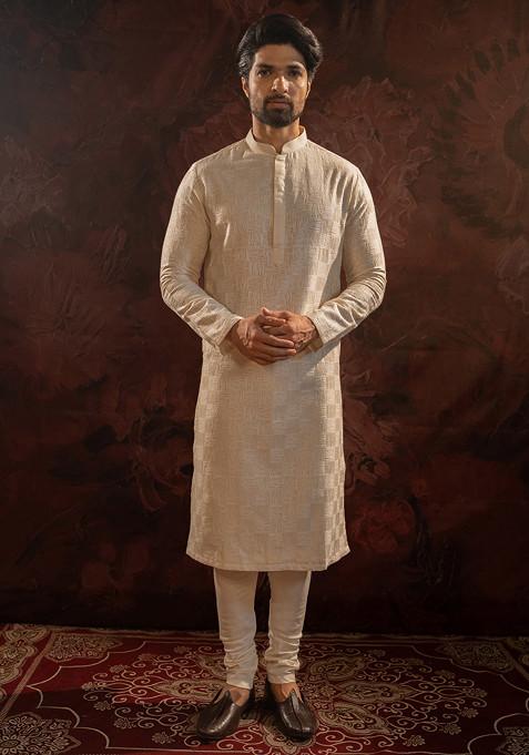 Off White Abstract Embroidered Kurta Set For Men