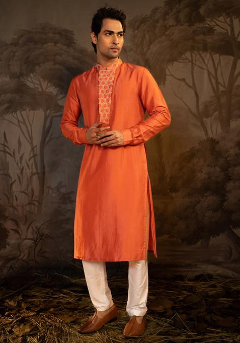 Coral French Knot Embroidered Kurta set For Men