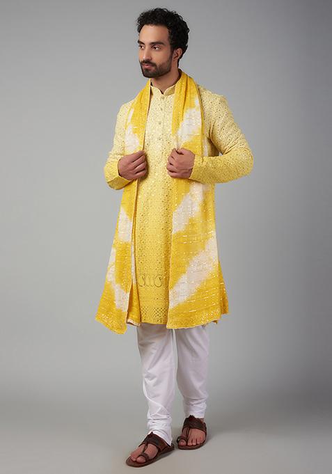 Yellow Ombre Lucknowi Jacket And Kurta Set For Men