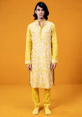 Yellow Aari Embroidered Chanderi Kurta Set For Men