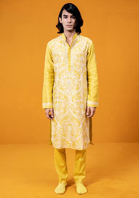 Yellow Aari Embroidered Chanderi Kurta Set For Men