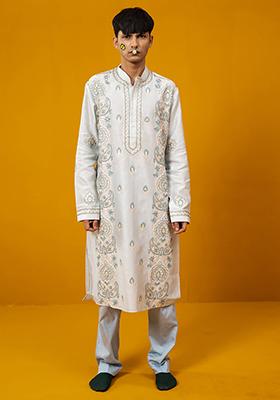 Sky Blue Aari Embroidered Chanderi Kurta Set For Men
