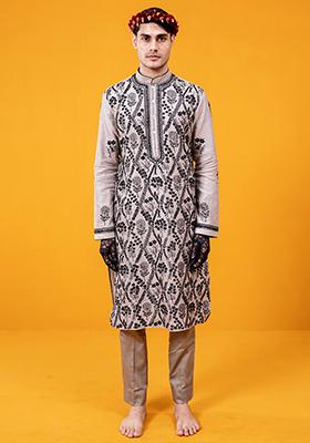 Light Brown Aari Embroidered Chanderi Kurta Set For Men