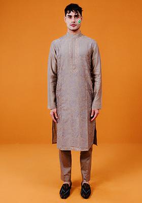 Light Brown Floral Embroidered Chanderi Kurta Set For Men